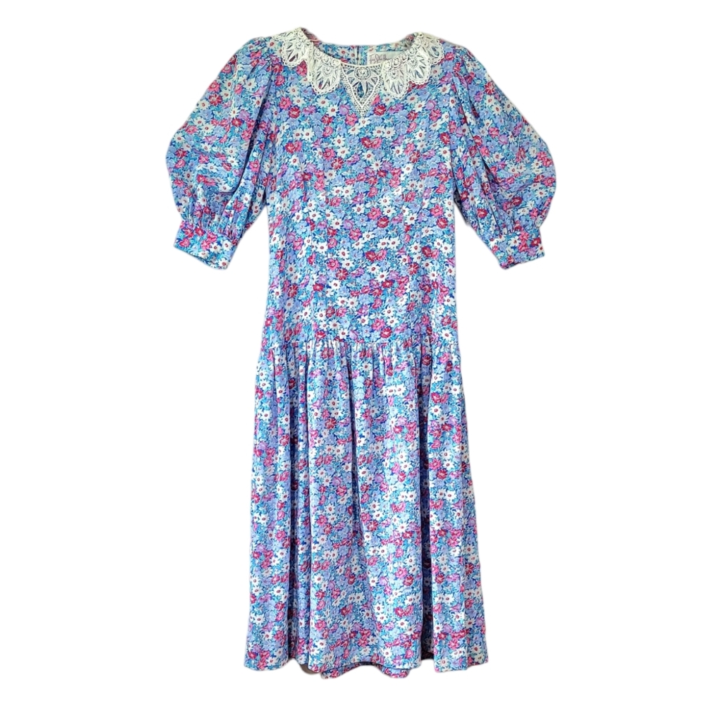 Vintage Jane Schaffhausen Belle France prairie style floral dress puffy sleeves